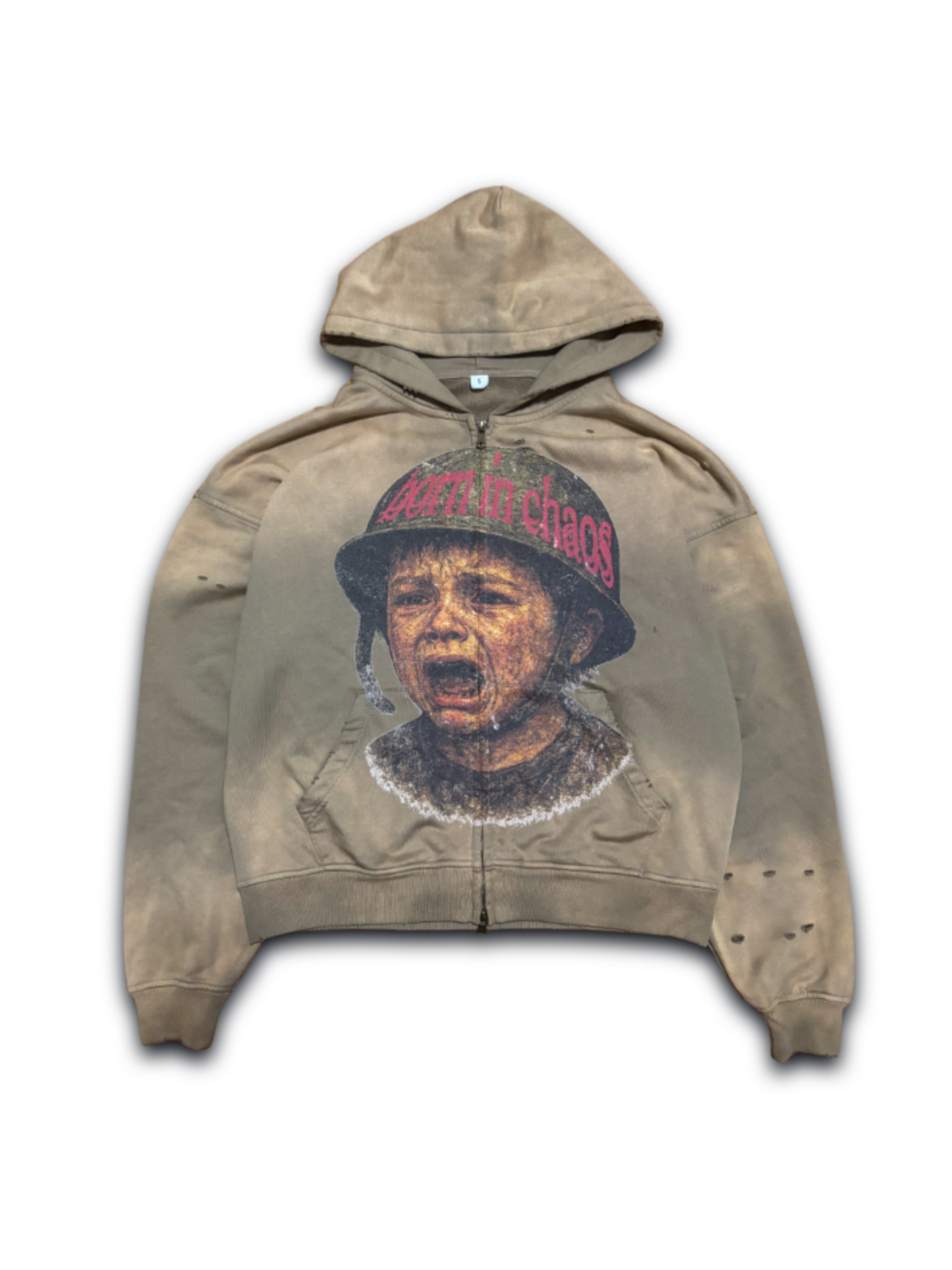 "BORN IN CHAOS" DISTRESSED FULL-ZIP HOODIE