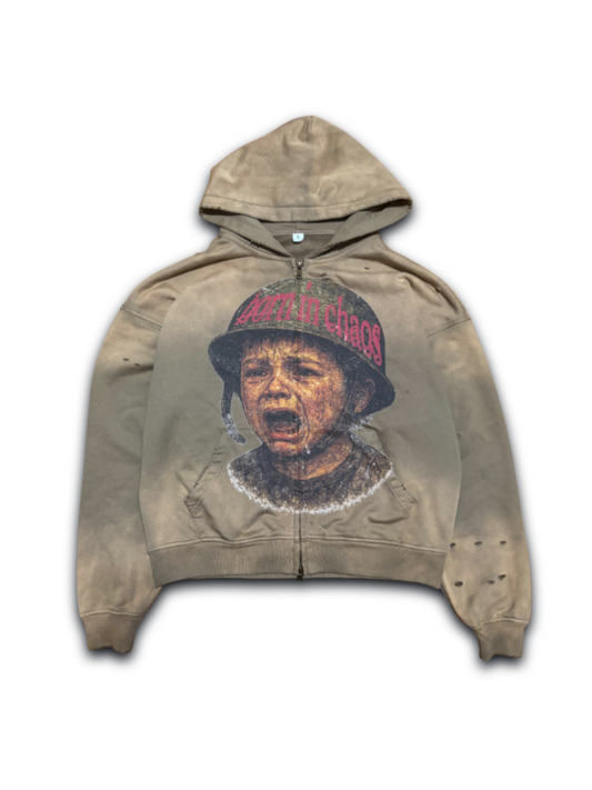 "BORN IN CHAOS" DISTRESSED FULL-ZIP HOODIE